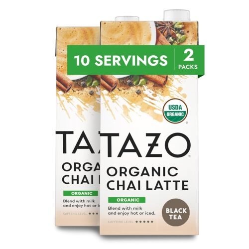 TAZO Organic Chai Latte, Black Tea Concentrate, Easy-to-Serve Chai Tea for Everyday Lattes, Hot or Iced Tea and Mocktails, 32 oz Tea Mix Carton (Pack of 2)